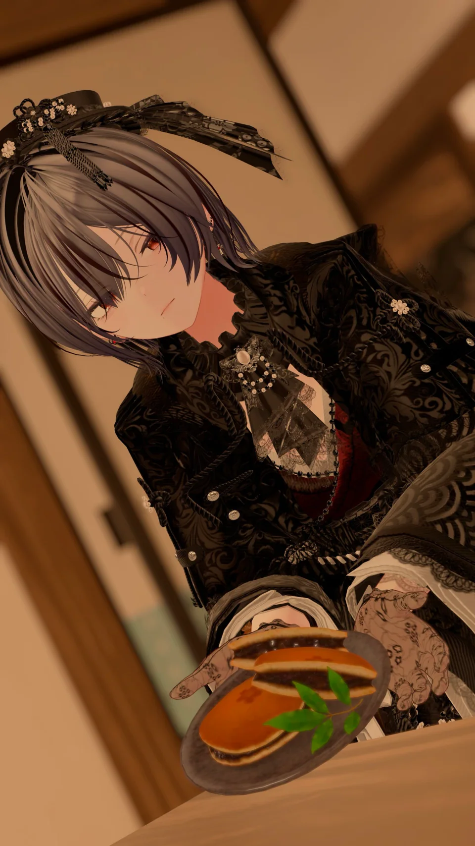 和室で、どら焼きをのせたお皿を差し出すえめにゃん