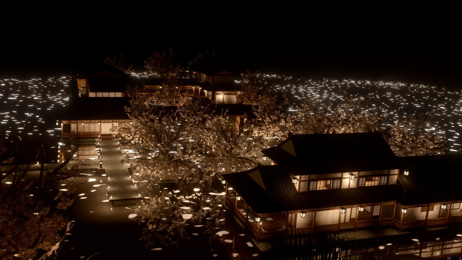 夜の茶屋の全景。灯りのともる建物と桜の庭