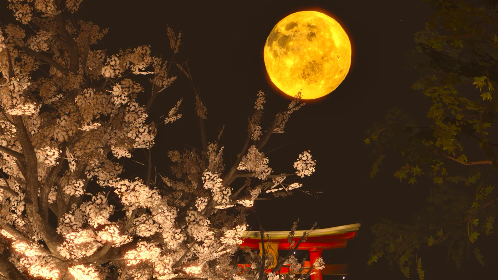 夜空に大きな満月が浮かび、手前に満開の桜、下に朱色の鳥居がのぞく